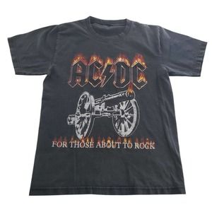 Vintage ACDC T-Shirt Size S "For Those About To Rock" Black with Flames Band Tee